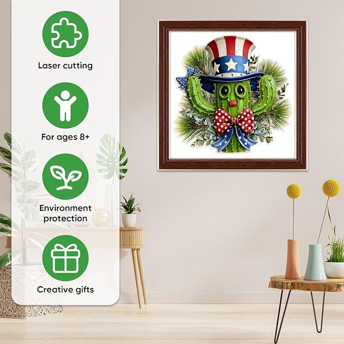 MEATRN Puzzles for Adults - Playful Cartoon Cactus Design with Hat Wooden Puzzles, Unique Plants Wood Jigsaw Puzzle for Friends and Children Gift, Family Game, 207 Pcs, 11.4 x 11.3in