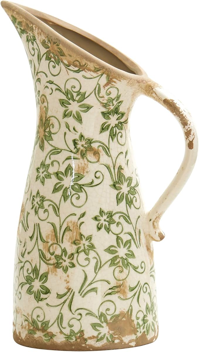 Nearly Natural 10 in Tuscan Ceramic Green Scroll Pitcher Vase | Artisanal Floral Design, Quality Ceramic, Versatile Centerpiece for Mantel or Entryway