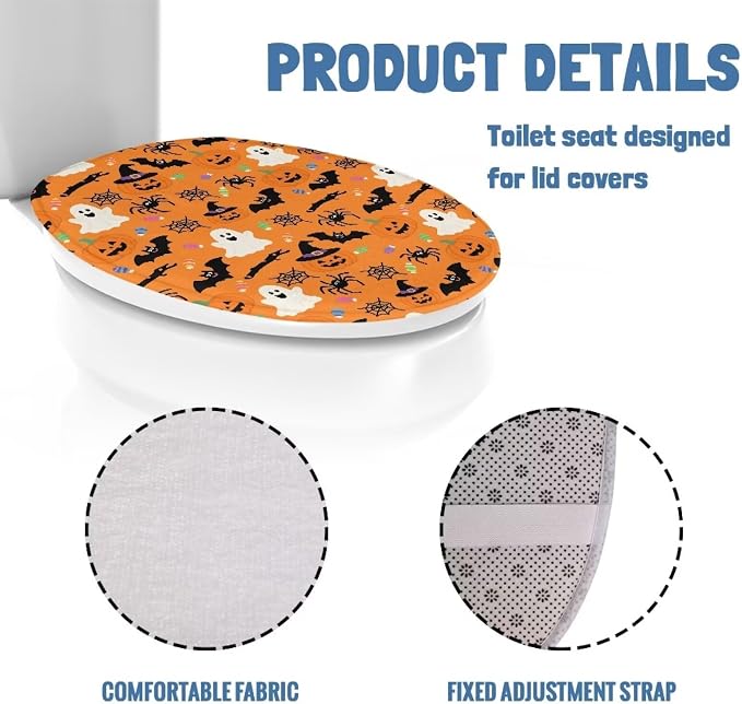 Toilet Seat Cover, Machine Washable Reusable Toilet Lid Cover, Bathroom Decorative Flannel Soft Toilet Lid Cover-Halloween Ghost Pumpkins