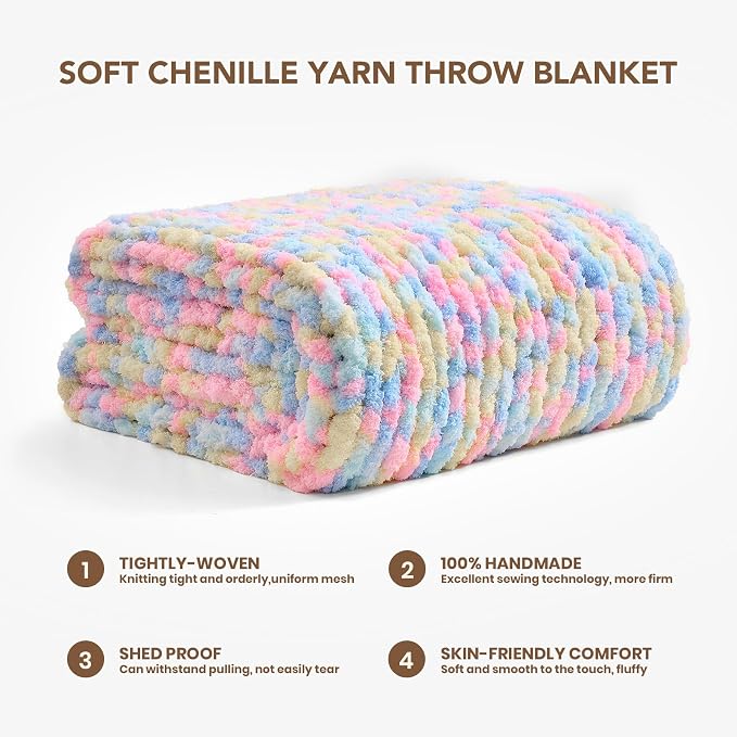 L'AGRATY Chunky Knit Throw Blanket for Couch, 50 x 60 Inches, Rainbow | Handmade Chenille Crochet Blanket for Sofa Bed, Thick Cable Knitted Blankets for Room Home Decor, Birthday Gift for Women Mom