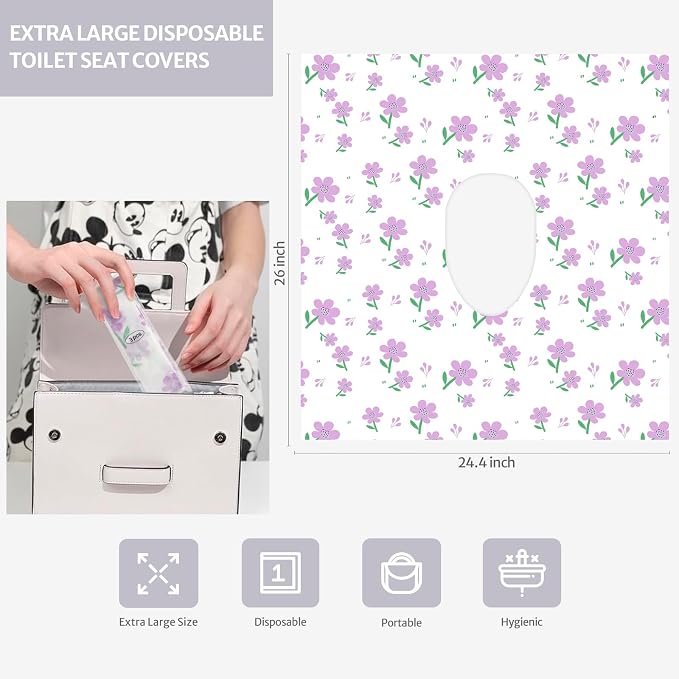 Blissful Diary 30 Pcs Toilet Seat Covers Disposable for Toddlers & Adults, Extra Large Waterproof, Portable Package for Travel, Kids Potty Training(Purple Flowers)