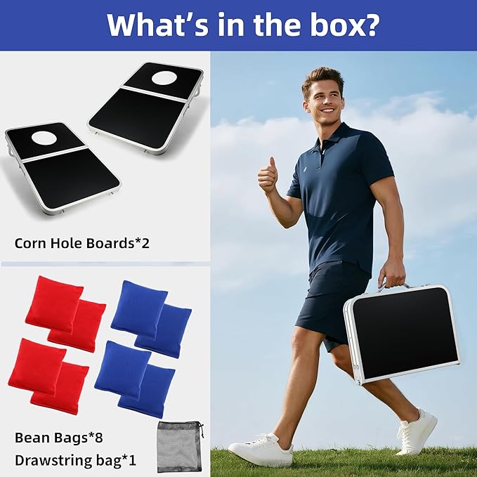 Portable Cornhole Board Set with Aluminum Alloy Edging,2x1.3ft Foldable Corn Hole Games for Adults and Family with 8 Bean Bags for Outdoor Backyard Travel Tailgate Camping