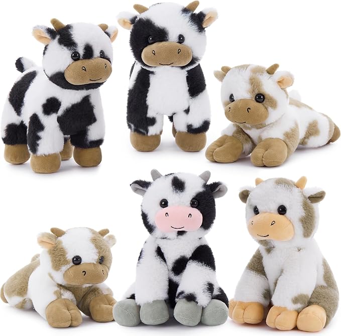 Tezituor 6 Pcs Large Cow Stuffed Animals Set, 10 Inch Stuffed Cow Plush Toy for Party Decoration, Cute Cow Plush Bulk for Boys Girls