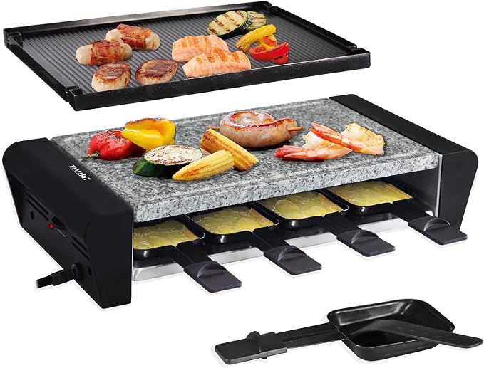 TAMARIT Raclette Grill with Extra Stone Plate, Indoor Electric Table Grill | Dual grill: reversible cast aluminum plate and granite stone, 8 nonstick cheese trays, 1300W, for 4- 8 person family parties