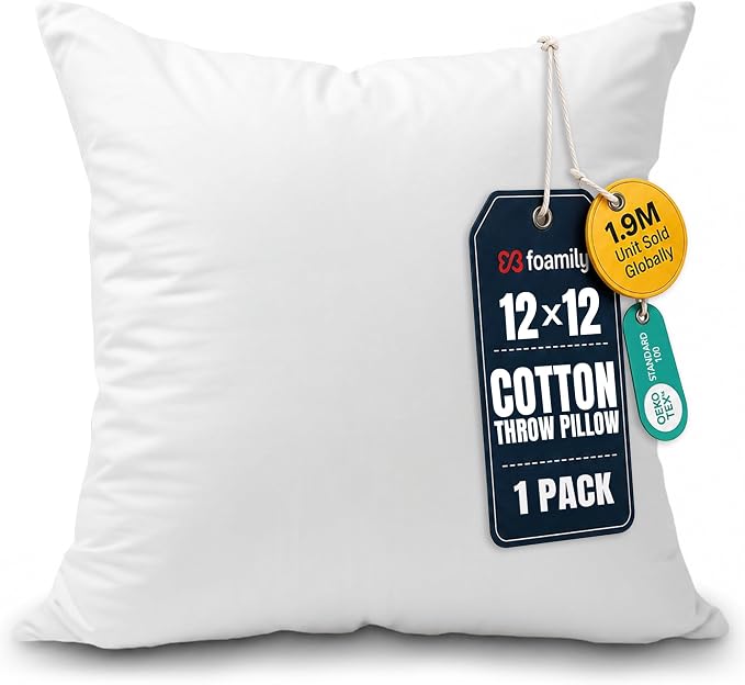 Foamily 12x12 Throw Pillow Insert, 100% Cotton Cover, Down Alternative | Cotton cover, plush down-alternative fill, machine washable Fits 12x12 covers Couch, sofa, bed, nursery décor