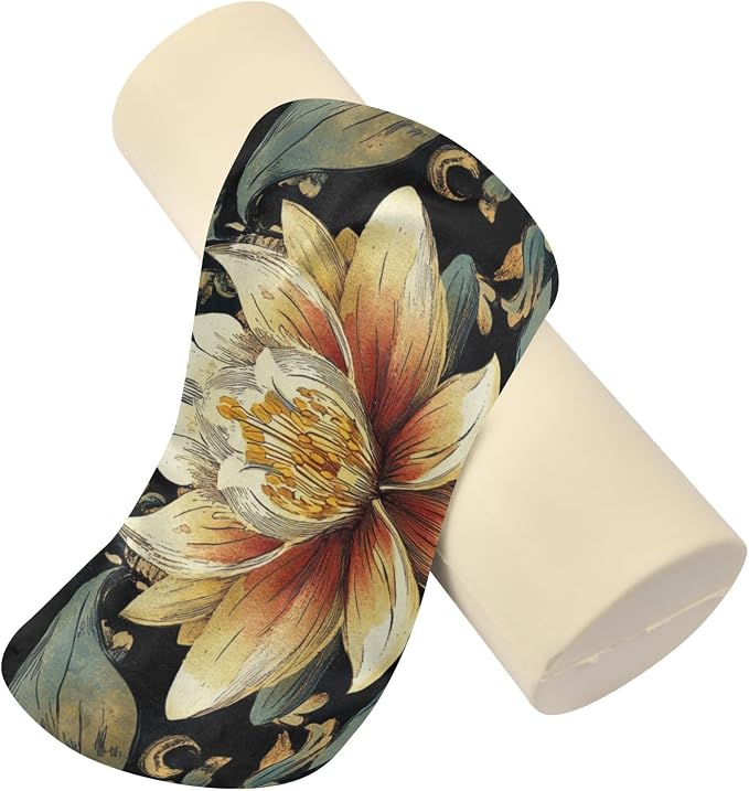 Boho Water Lily Flower Black Neck Roll Pillow Bolster Round Health Memory Foam Long Cervical Cylinder Pillows with Removable Washable Cover for Body Bed Legs Back Yoga