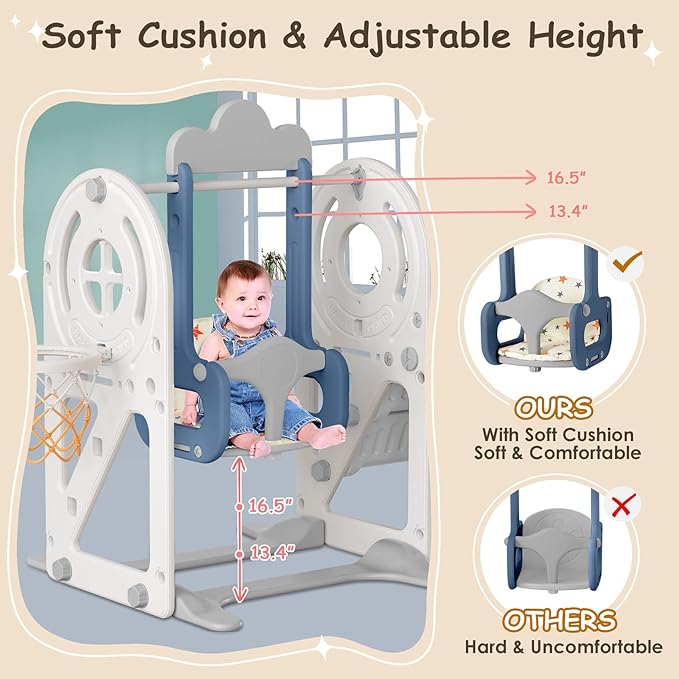 BIERUM Toddler Slide for Toddlers Age 1-3 with Basketball Hoop and Swing, Baby Slide for Kids Ideal Gift, Indoor Outdoor Backyard Playground Blue Gray