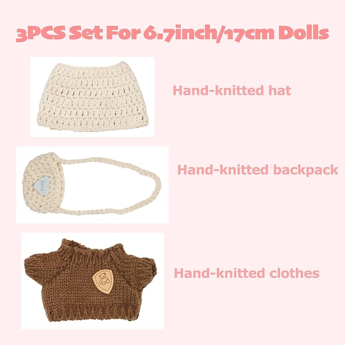 Clothes for 17cm Dolls, Clothes Set for 17cm Doll, Crochet 3 Piece Set Hat Clothes Backpack for Dolls, Stylish Adorable Dolls Clothes Accessories (No Doll) (Brown)