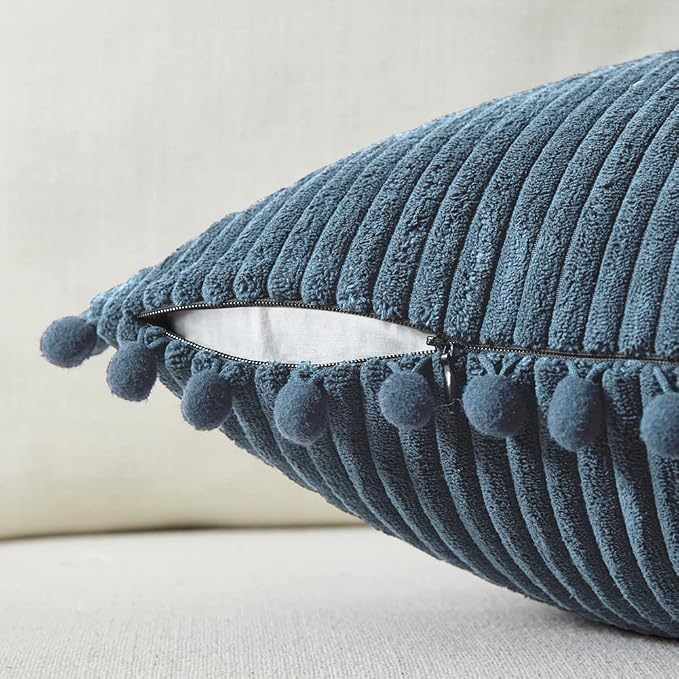 Fancy Homi 24x24 Pillow Covers, Pack of 2 Dusty Blue Throw Pillow Covers with Pom-poms, Super Soft Corduroy Square Solid Cushion Cover for Couch Sofa Bedroom Living Room 60x60 cm