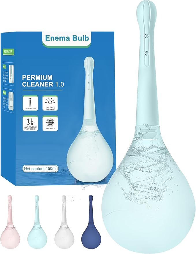 Enema Douche for Men & Women - Anti Back-Flow Anal Bulb with 5-Opening Spray Tip, 150ml Portable Kit for Personal Intimate Hygiene (Blue)