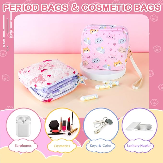 Likesing Tampon Holder for Purse, Quilted Period Bag Sanitary Napkin Storage Bag for Girls Womens, Portable Feminine Emergency Pad Period Pouch(Butterfly White)