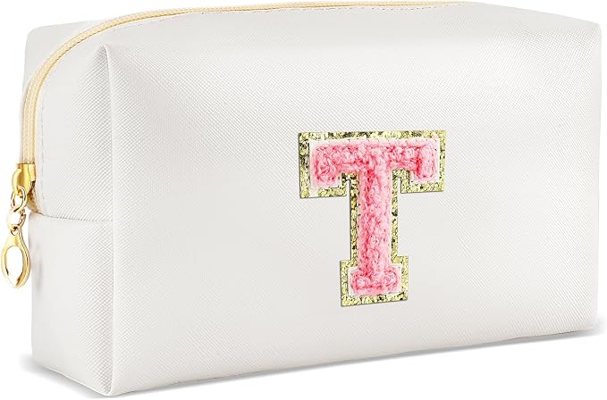 URSKYTOUS Initial Makeup Bag Personalized Preppy Travel Small Cosmetic Bag Cute PU White Chenille Letter Makeup Pouch for Purse Waterproof Zippered Toiletry Organizer for Women Girls Kids Friends (T)