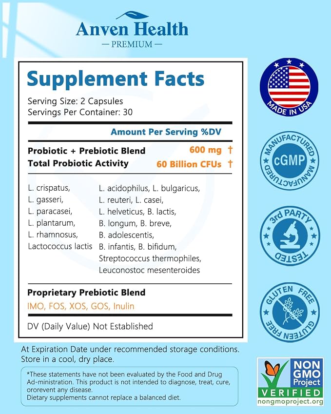 Probiotics for Women Men Prebiotics Made in USA Digestive 180 | 60 Billion CFU, 19 Strains, 5 Organic Prebiotics, Gut Digestive & Immune Health, Vegan Formula
