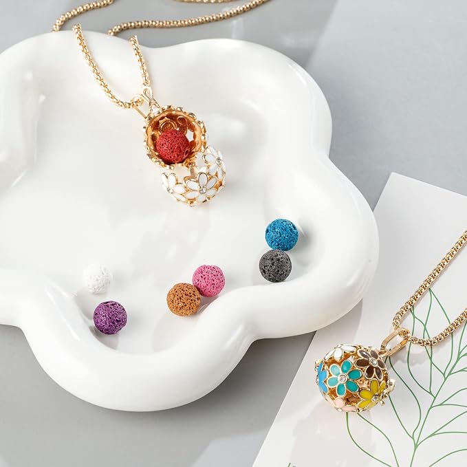 Essential Oil Diffuser Necklace Red Chrysanthemum Rhinestones Copper Aromatherapy Pendant Locket with 7pcs Lave Rocks Stone and 2pcs 27 Inch Gold Chain Jewelry for Women TeenGirls