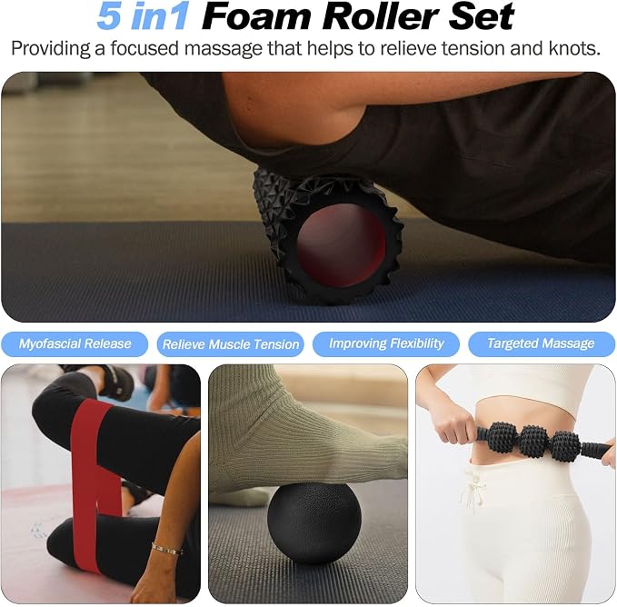 JOYENERGY 5 in 1 Foam Roller Set Trigger Point Foam Roller, Massage Roller Stick, Massage Ball, Stretching Strap for Deep Muscle Massage Pilates Yoga, Fitness Exercise for Whole Body (Black Diamond)