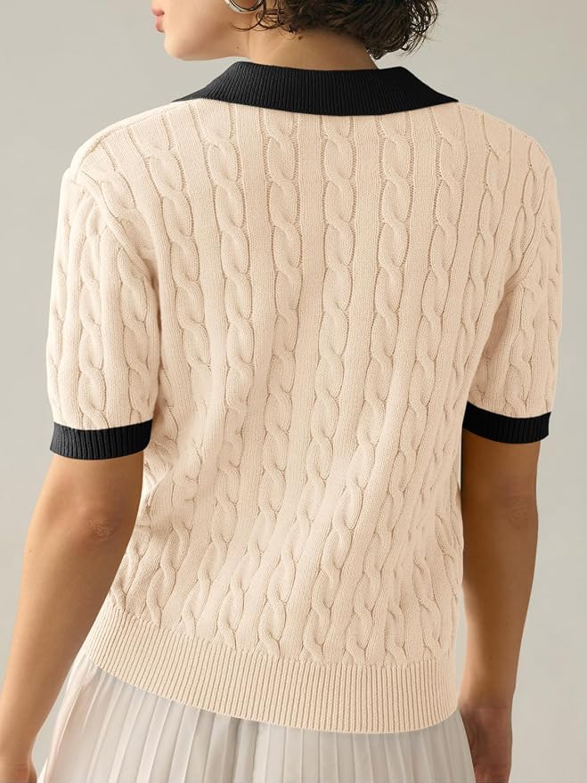 Imily Bela Womens Cable Short Sleeve Sweaters Tops Lapel V Neck Knit Shirt | Solid,Knit Casual,Soft Pullover,Fall Sweaters,Womens Summer Work Tops