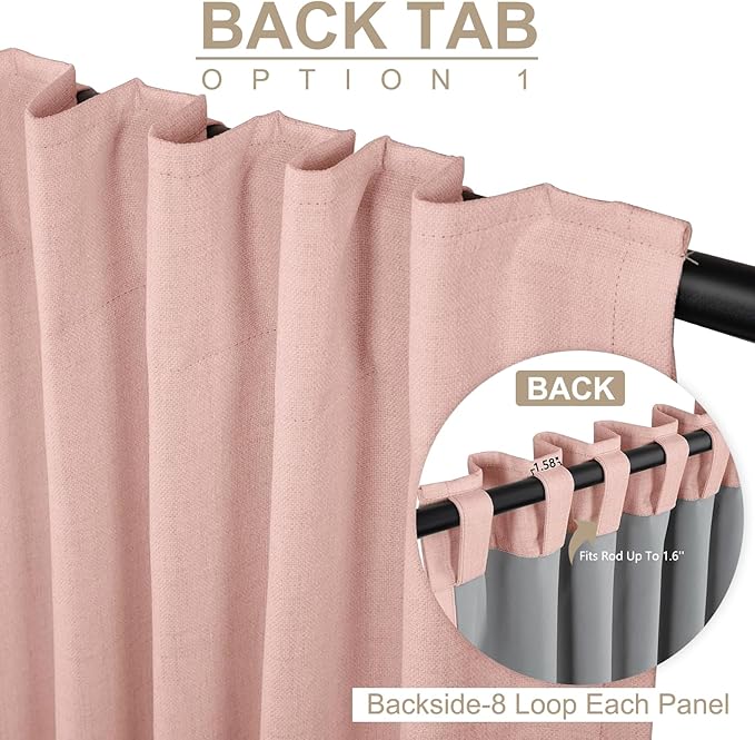 100% Blackout Shield Linen Blackout Sliding Door Curtains for Living Room, Back Tab/Rod Pocket Thermal Insulated Curtains for Sliding Glass Doors, 1 Panel Set, 100" W x 108" L, Blush Pink