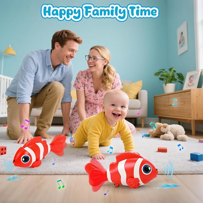 Crawling Fish Baby Toys, Novelty Tummy Time Toys for Babies 6-12 Months, Magic Swinging Fish Music Crawling Toys for Infant Toddler 12-18 Learning Crawl Walking Dancing 1st Valentines Days Gift