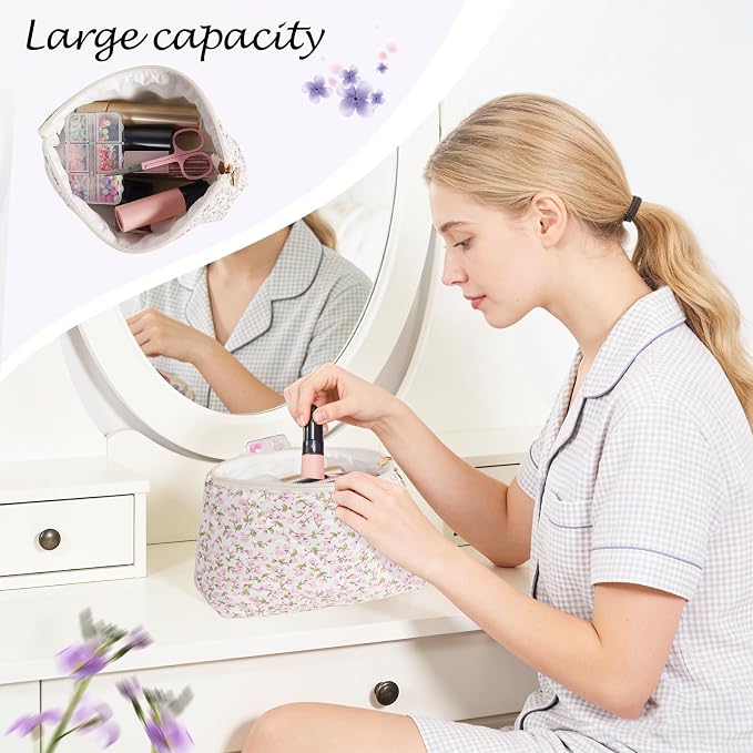 Quilted Cotton Makeup Bag, Coquette Quilted Toiletry Bag for Women and Girls, Floral Coquette Pouch, Cute Kawaii Travel Cosmetic Bags (Pink Floral)
