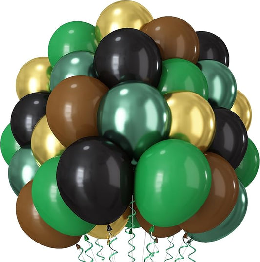 Green and Brown Balloon, 60Pcs 12Inch Dark Green Black Metallic Gold Latex Balloon, Metallic Avocado Tan Chrome Gold Balloons for Camo Camping Game Army Jungle Safari Theme Birthday Party Decor
