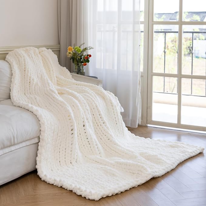 Chunky Knit Blanket - Luxury Soft Cozy 80 * 90 Throw Blanket,100% Woven Blanket Rope Knot Throw Blanket for Couch, Sofa, Home Decor, Gift - Machine Washable (Ivory White, 80 * 90)