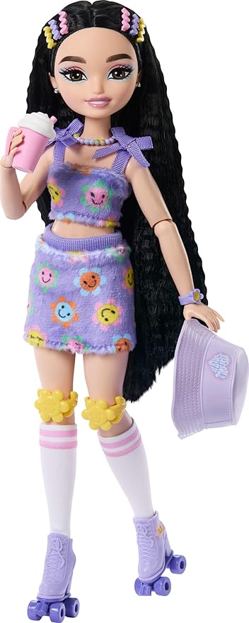 Barbie Dream Besties Doll and Accessories, Renee Posable Roller Skating Fashion Doll with Black Hair, 12 Video & Food Themed Pieces
