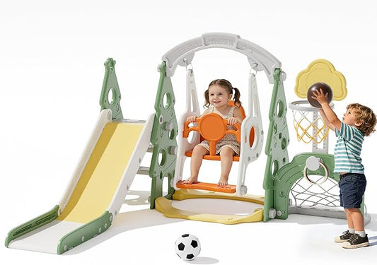 XJD 6-in-1 Toddler Slide and Swing Set, Kids Slide for Toddlers Age 1+, Toddler Outdoor Playset with Basketball Hoop, Football Frame, Swing, Christmas Birthday Gifts for Kids (Green)