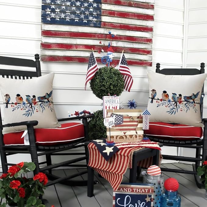 RABUSOFA 4th of July Memorial Day Patriotic Throw Pillow Cover,20x20 Inch Red White and Blue Birds Flowers Independence Day American Fourth of July Decoration for Sofa Couch