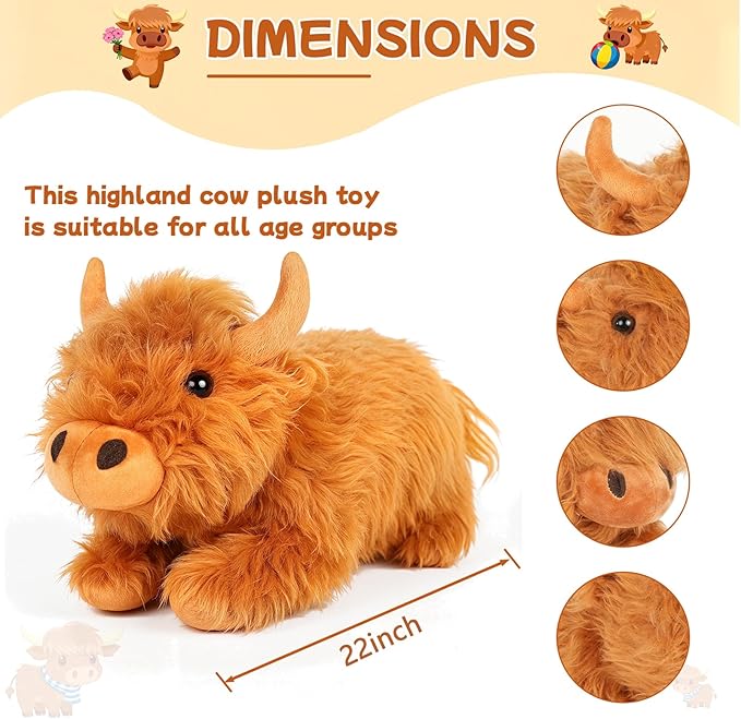 TICHA 22”- Highland Cow Stuffed Animal Plush Toy, Soft Fluffy Scottish Cattle Plush Pillow, Realistic Highland Cow Decor, Home Decor, Couch Pillow