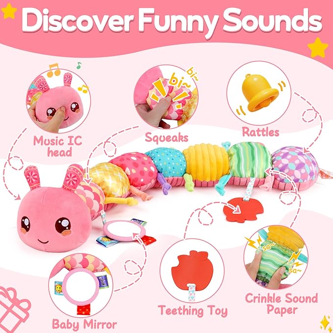 Baby Girls Toys 0-6 Month Music Animal Stuffed Caterpillar Toy for Infant 0-3 3-6 Months Mirror Crinkle Rattle Tummy Time Sensory Toys for 3 4 5 6-12 Month Old Newborn Baby Shower Valentines Gifts