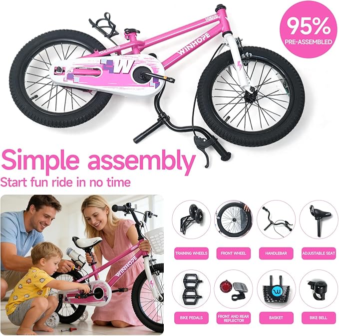 WinHope Kids Bike, 12-18 Inch Toddler Bicycle with Removable Training Wheels and Dual Brakes, Children Bike for Beginner with Adjustable Seat and Headlebar for 2-9 Years Boys Girls, Multiple Colors