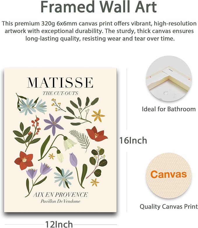 HesenDot 16x12IN Matisse Wall Art,Framed Canvas Bathroom Wall Art Pictures,Wood Framed Abstract Prints for Bedroom,Living Room,Minimalist Office Wall Decor 3Pack