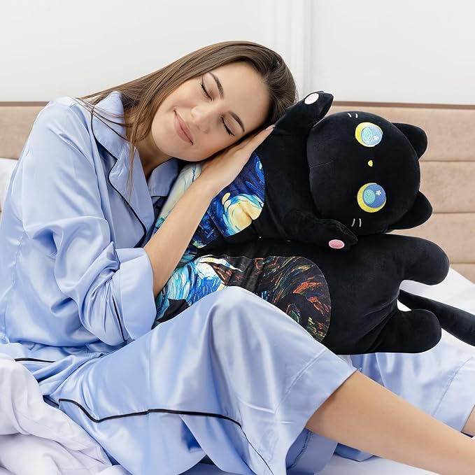 Long Cat Plush 5 Sizes, 120% Extra Filling Giant Plushness Kids Body Pillow, Kawaii Cute Black Starry Cat Stuffed Animals Plushies, Big Long Body Pillow Cat Plush Gift for Girls 53”