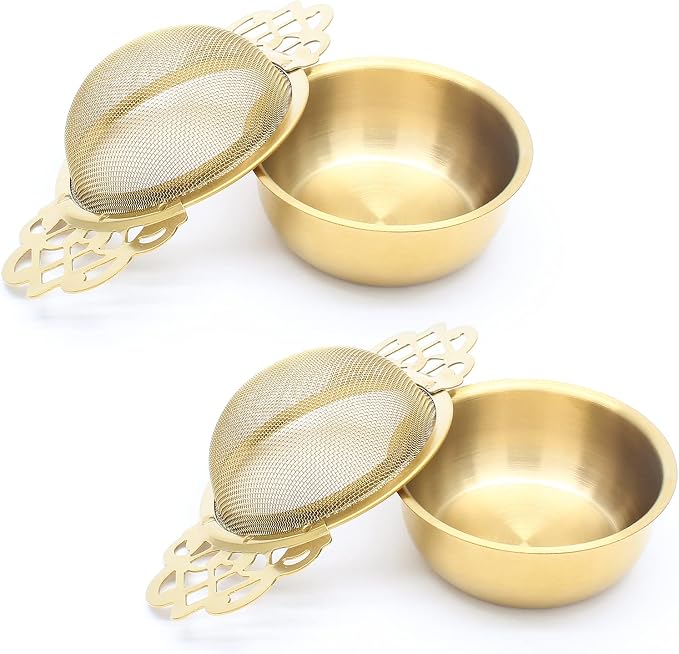 Bonsicoky 2 Pack Tea Strainer Bowl, Stainless Steel Loose Leaf Tea Filter for 2.5-4 Inch Cup Mouth, Gold