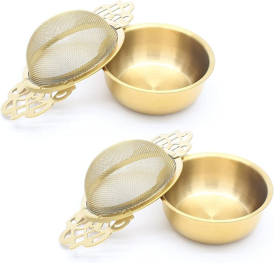 Bonsicoky 2 Pack Tea Strainer Bowl, Stainless Steel Loose Leaf Tea Filter for 2.5-4 Inch Cup Mouth, Gold