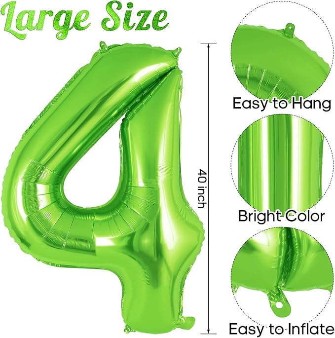 Dinosaur Green Number 4 Balloon, 40 Inch Big Large Foil Helium Green Number Balloon with 4 Pcs Mini Dinosuar, Dinosuar Mylar Balloons Set for 4 Year Old Birthday Party Decorations Supplies