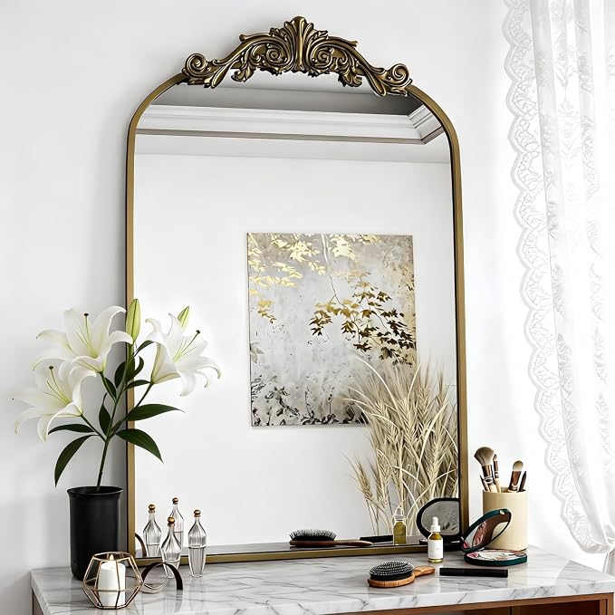 Dewfig Antique Arched Wall Mirror, 36"x24" Vintage Bronze Bathroom Mirror | Ornate Baroque Metal Frame Brass Mirror, Victorian Antique Bronze Mirrors for Living Room, Bathroom, Fireplace, Wall Decor