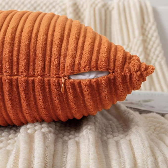 UGASA Fall 14x24 Inch Pillow Cover Pack of 1 Soft Boho Stripe Corduroy Long Rectangle Lumbar Cushion Case Farmhouse Decorative Throw Pilowcase for Bed, Couch, Sofa, Bedroom, Living Room, Dark Orange