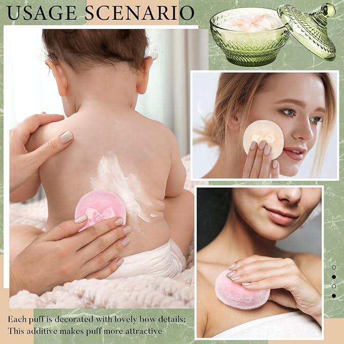 Tioncy 3 Pcs Large Body Powder Puff and Container Valentine's Day gift Powder Container with Puff Crystal Case Soft Washable Reusable Velour Face Body Glitter Wet Dry Makeup(Retro,Olive Green)