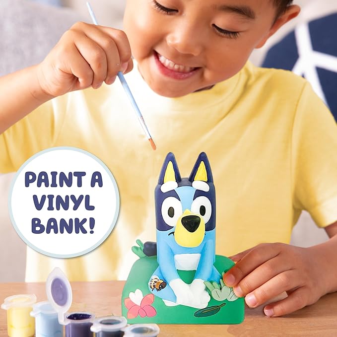 Bluey Paint Your Own Piggy Bank, Includes 6 Paints, Vinyl Stickers, Craft for Kids, Great Gift Birthday Party, Toy Figures, Paintable Toys for Toddlers 1-3