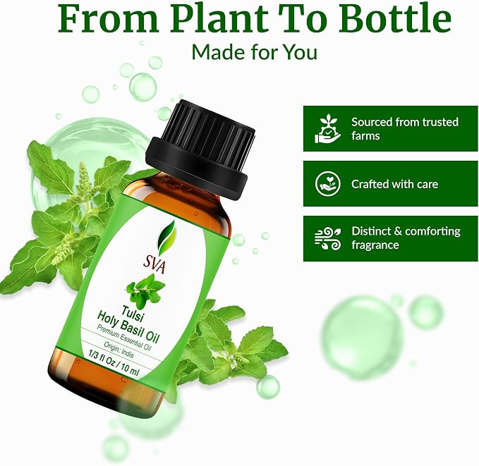 SVA Holy Tulsi Essential Oil 1/3 Fl Oz – for Diffuser, Skin & Hair Care – Ideal for Massage & DIY Blends