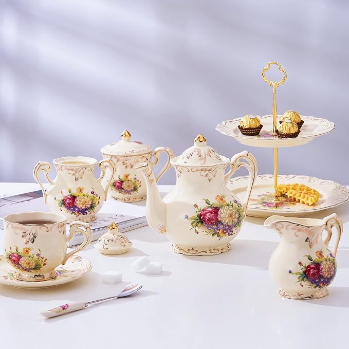 YOLIFE Flowering Shrubs Teapot, 25 OZ/ 3 Cup Vintage Ivory Porcelain Tea Pot, Ivory Floral Teapot with Gold Trim