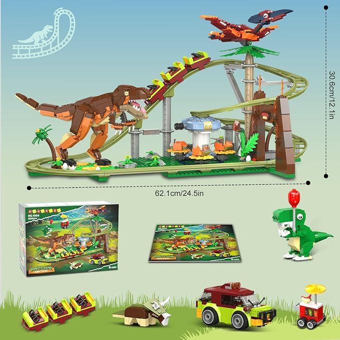 HOGOKIDS Dinosaur Roller Coaster Building Set - 1222PCS Rollercoaster Building Toy with 4 Dinosaur, Off-Road Vehicle, Food Cart, Dinosaur Models Playset Gift for Adults Kids Girls Boys Ages 8-12 Year