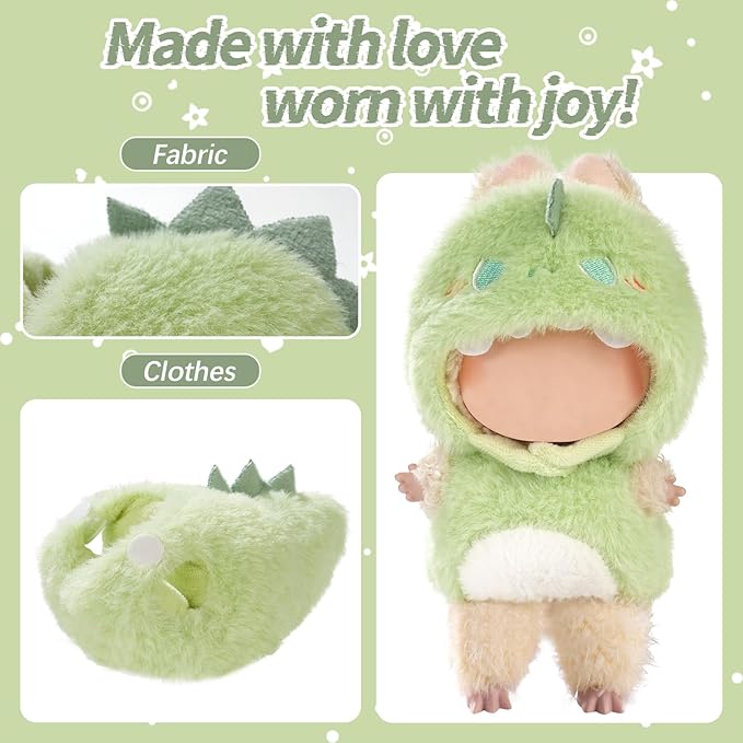Cute Clothes for Doll Design Outfit Pop Blind Mystery Box Accessories Mart Mini La Boo-Boo Blah Bu Bu BuLafufu Ropa Plush Toy Stuff Dress Overalls Hoodie Pajamas (Green Dinosaur)