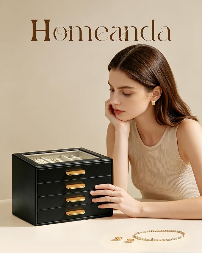 Homeanda Jewelry Boxes Organizer with Glass Lid, 4-Layer PU Leather, Black | Modern style display case with 4 drawers for daily jewelry, women, mom or girl gift