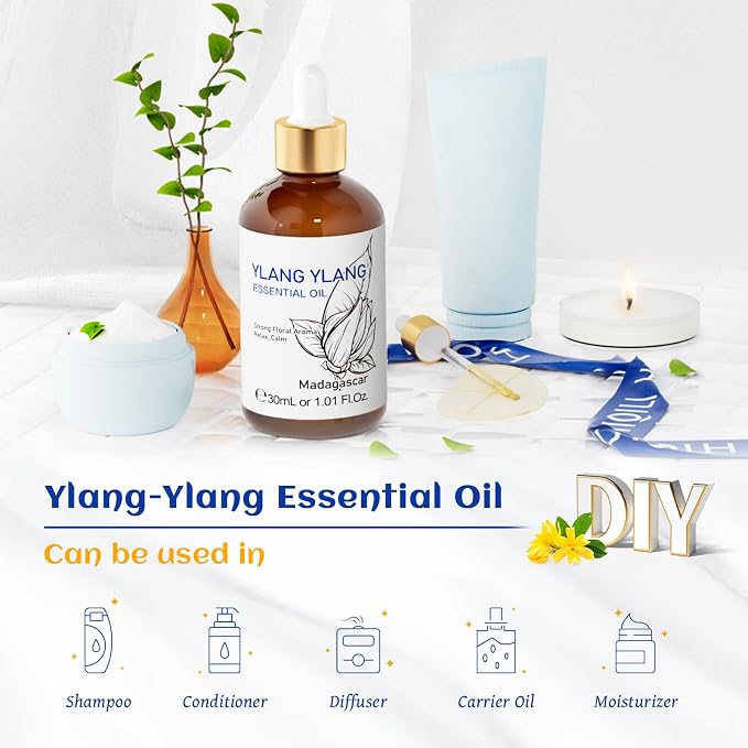HIQILI Ylang-Ylang Essential Oil for Diffuser, Aromatherapy, Perfumes | Long-Lasting Scent to Keeping Your Space Fresh Makes Body Feel Calm and Relaxedand and Used for DIY - 30ml / 1.01 fl oz