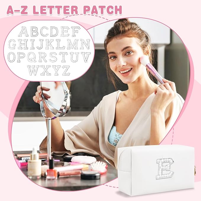 Bride Gifts – Personalized Initial Makeup Bag with Pearl Rhinestone Patch, Preppy White Monogram Cosmetic/Toiletry Pouch, bridesmaid Gifts, Bridal Shower Gifts, Wedding Gifts, Bridal Gifts,E