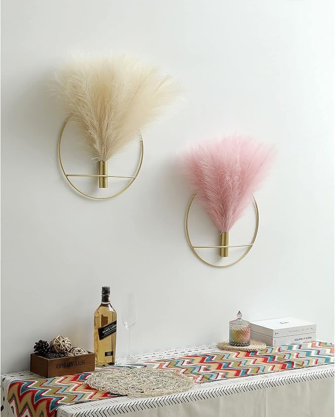 Pretty Jolly Boho Pampas Wall Decor Gold Metal Wall-Mounted Art | Morden Artificial Greenery Display，2 Pack Beige Hanging Planter For Living Room, Bedroom, Bathroom, Dining room
