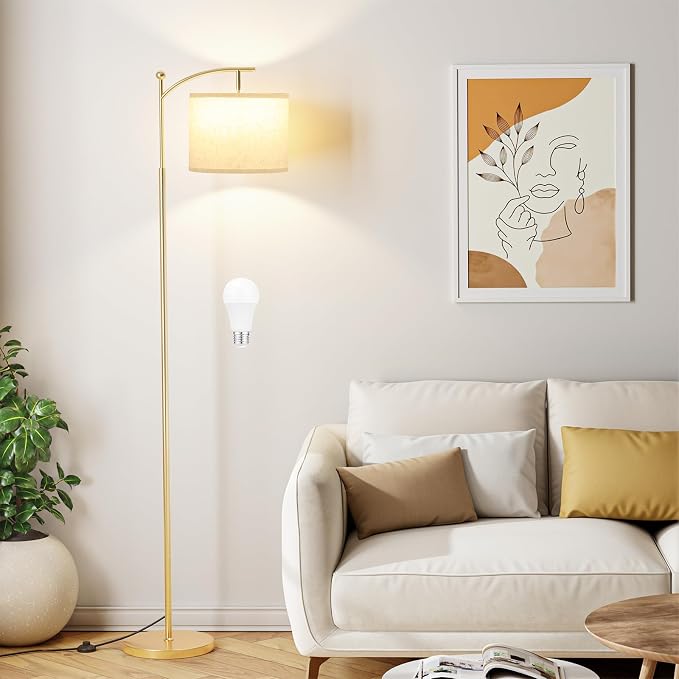 Ambimall 60" Floor Lamp with 3 Color Temperatures, Adjustable Beige Shade, Gold Pole - Tall Lamp for Living Room, Bedroom, Office, Classroom, Dorm - 9W Bulb Included