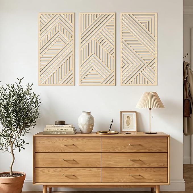 IARTTOP Large Boho Wood Wall Art 16x32 Inch Mid Century Modern Wooden Wall Decor Minimalist Abstract Geometric Artwork for Living Room Office Set of 3